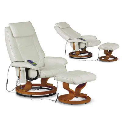 Cream Leather Massage Recliner Chair and Footstool