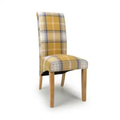 Checked Yellow Scroll Back Dining Chair Oak Legs