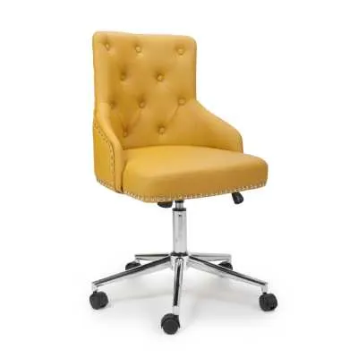 Yellow Ochre Leather Effect Office Chair Height Adjustable Buttoned Back On Chrome Legs