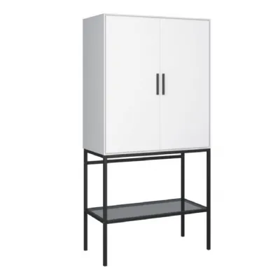 2 Door Tall Cabinet in Pure White with Steel Black Legs