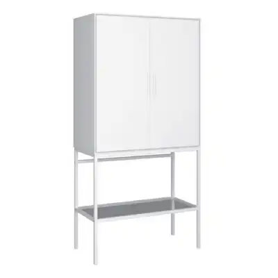 2 Door Tall Cabinet in Pure White with Steel White Legs