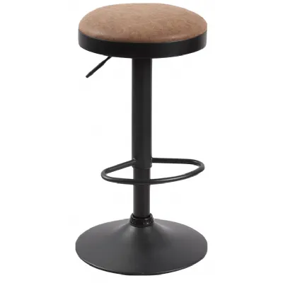 Brown Faux Leather and Black Metal Gas Lift Round Bar Stool