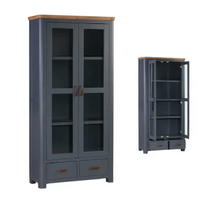 Solid Oak and Blue Glazed Display Cabinet