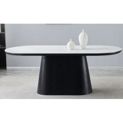 White Top Sintered Stone and Black Wood 200cm Oval Dining Table