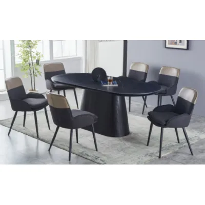 Black Sintered Stone and Black Wood 200cm Oval Dining Table and 6 Dining Chairs