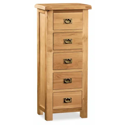 Rustic Solid Oak 5 Drawer Narrow Chest