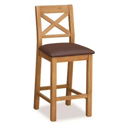 Rustic Solid Oak Bar Chair with Cross Back and PU Seat
