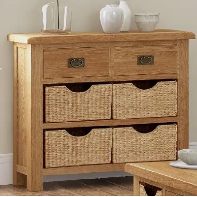 Rustic Solid Oak Small Sideboard with 4 Baskets