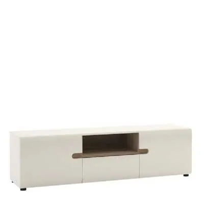 Low Wide White Gloss and Natural Oak Trim TV Unit