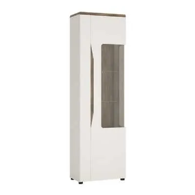 Tall Narrow Glazed Display Cabinet RHD In White With Oak Top
