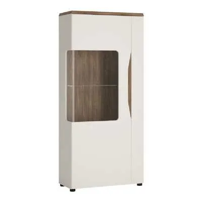 Modern Narrow Glazed Display Cabinet LHD In White With Oak Top