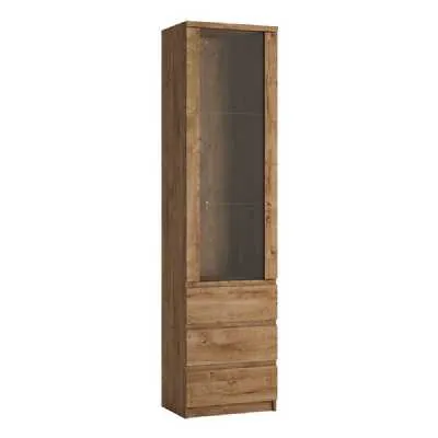 Tall narrow 1 door 3 drawer glazed display cabinet in Oak
