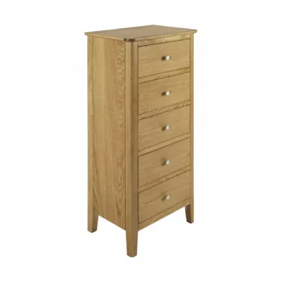 Solid Oak 5 Drawer Narrow Chest
