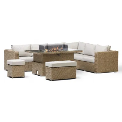 Luxury Brown Rattan Corner Firepit Set with Rising Table