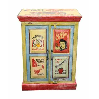 Circus Carnival Antique Vintage Multi Coloured Hand Painted Ad 2 Door Storage Cabinet