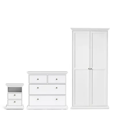 Paris Package Bedside 2 Drawers in + Chest of 4 Drawers + Wardrobe with 2 Doors White
