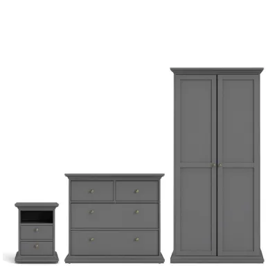 Paris Package Bedside 2 Drawers in + Chest of 4 Drawers + Wardrobe with 2 Doors Matt Grey