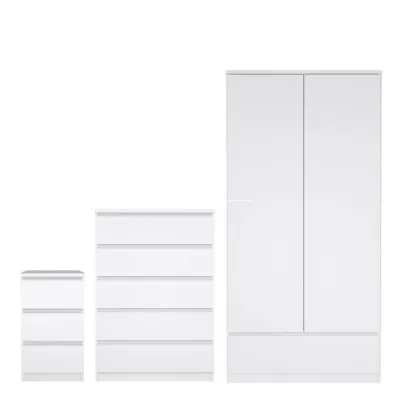 Naia Package Bedside 3 Drawers + Chest of 5 Drawers + Wardrobe with 2 doors + 1 drawer in White High Gloss