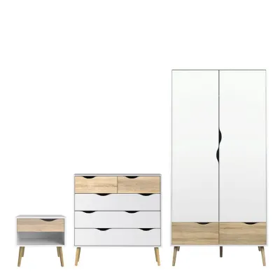 Oslo Package Bedside 1 Drawer + Chest of 5 Drawers (2+3) + Wardrobe 2 Doors 2 Drawers in White and Oak