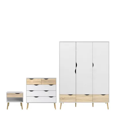 Oslo Package Bedside 1 Drawer + Chest of 5 Drawers (2+3) + Wardrobe 3 Doors 3 Drawers in White and Oak