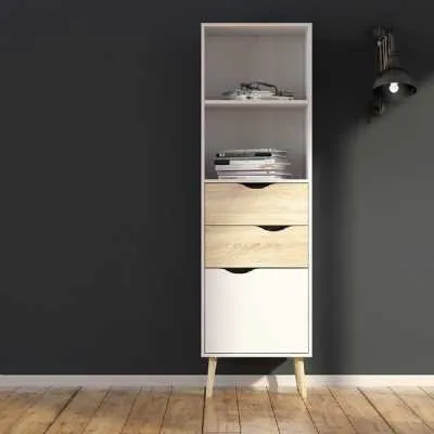 Tall Slim White and Oak Scandinavian 2 Drawer And 1 Door Bookcase