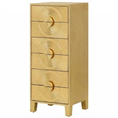 Gold Embossed Metal Tall Boy Chest of 6 Drawers