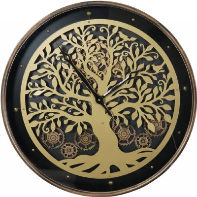 Small Black Metal Wall Clock with Gold Tree Design 60cm