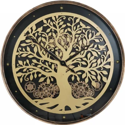Large Black Metal Wall Clock with Gold Tree Design 80cm