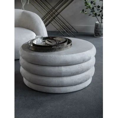 Cream Fabric Upholstered Round Storage Ottoman Coffe Table