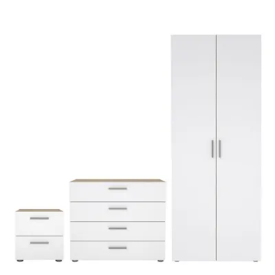 Pepe Package Bedside 2 Drawers + Chest of 4 Drawers + Wardrobe with 2 doors in Oak with White High Gloss