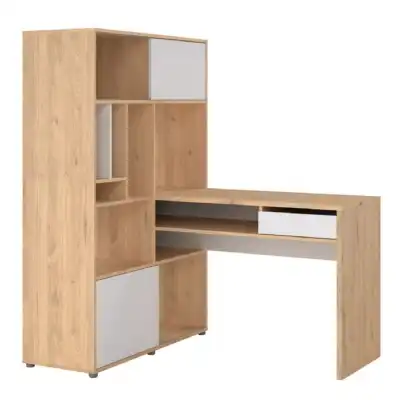 Function Plus Corner Desk with Bookcase Jackson Hickory White