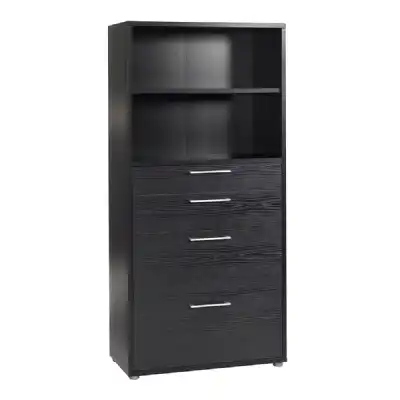 Bookcase 4 Shelves With 2 Drawers 2 File Drawers in Black woodgrain
