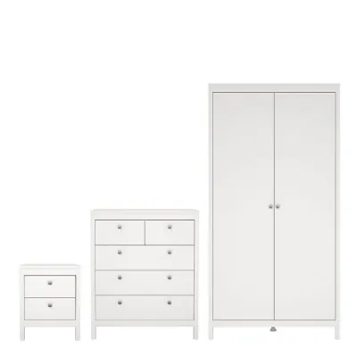 Madrid Package Bedside Table 2 drawers + Chest 3+2 drawer + Wardrobe with 2 doors in White