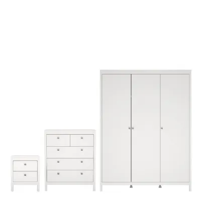 Madrid Package Bedside Table 2 drawers + Chest 3+2 drawer + Wardrobe with 3 doors in White