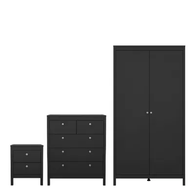 Madrid Package Bedside Table 2 drawers + Chest 3+2 drawer + Wardrobe with 2 doors in Matt Black
