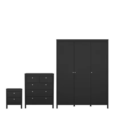 Madrid Package Bedside Table 2 drawers + Chest 3+2 drawer + Wardrobe with 3 doors in Matt Black