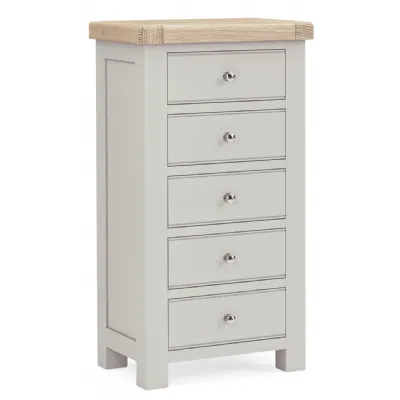 Grey Painted and Washed Oak 5 Drawer Slim Chest Of Drawers
