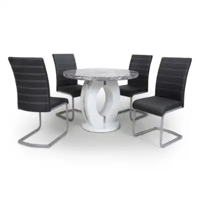 Marble Round Dining Table Set 4 Black Leather Chairs