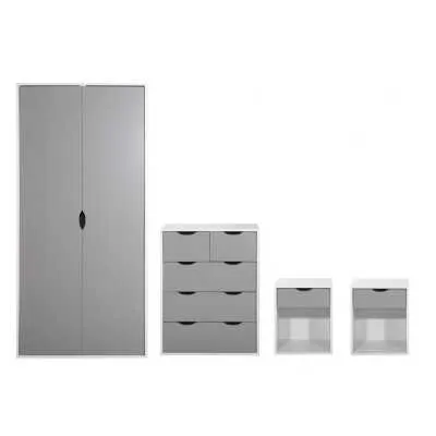 Modern Grey and White 5 Drawer Chest 4 Piece Double Wardrobe Bedroom Set with 2 Bedside Tables