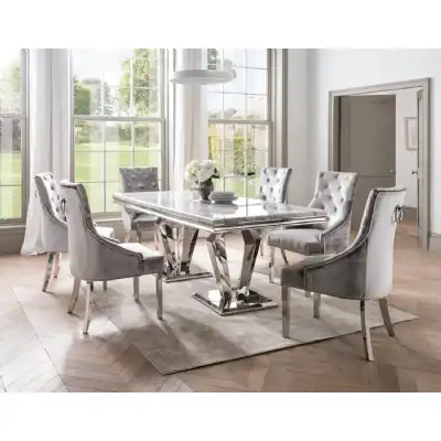 Grey Marble Top Large Dining Table Chrome Base 200cm