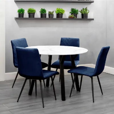 Dining Set 1.1m Marble Round Table And 4 x Blue Chairs
