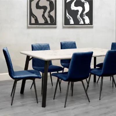 Dining Set 1.8m Marble Table And 6 x Blue Chairs