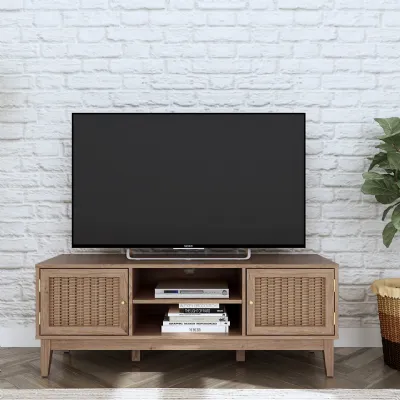 Small Low Oak Wooden Rattan TV Media Entertainment Unit