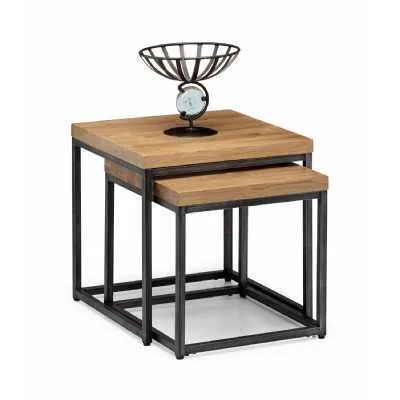 Rustic Finish Solid Oak 2 Nesting Lamp Tables Industrial Style Metal Legs