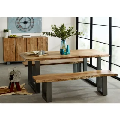 Industrial Solid Acacia 200cm Dining Table and 2 Benches