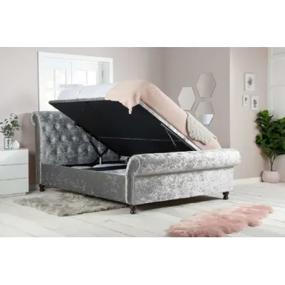 6ft Super King Side Open Ottoman Sleigh Bed in Steel Crushed Velvet