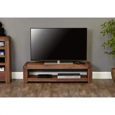 Walnut Low Open Widescreen TV Cabinet Dark Wood Finish 130cm Wide