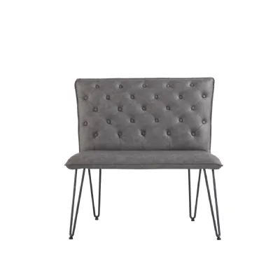 Grey Leather Studded Buttoned Back Dining Bench Hairpin Legs