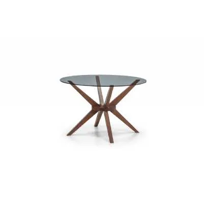 Round Glass Top Dining Table Dark Wood Walnut Finish Legs 120cm Diameter