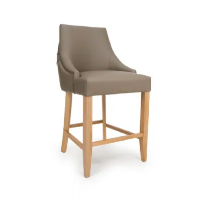 Taupe Leather Effect Buttoned Bar Stool Chair Oak Legs